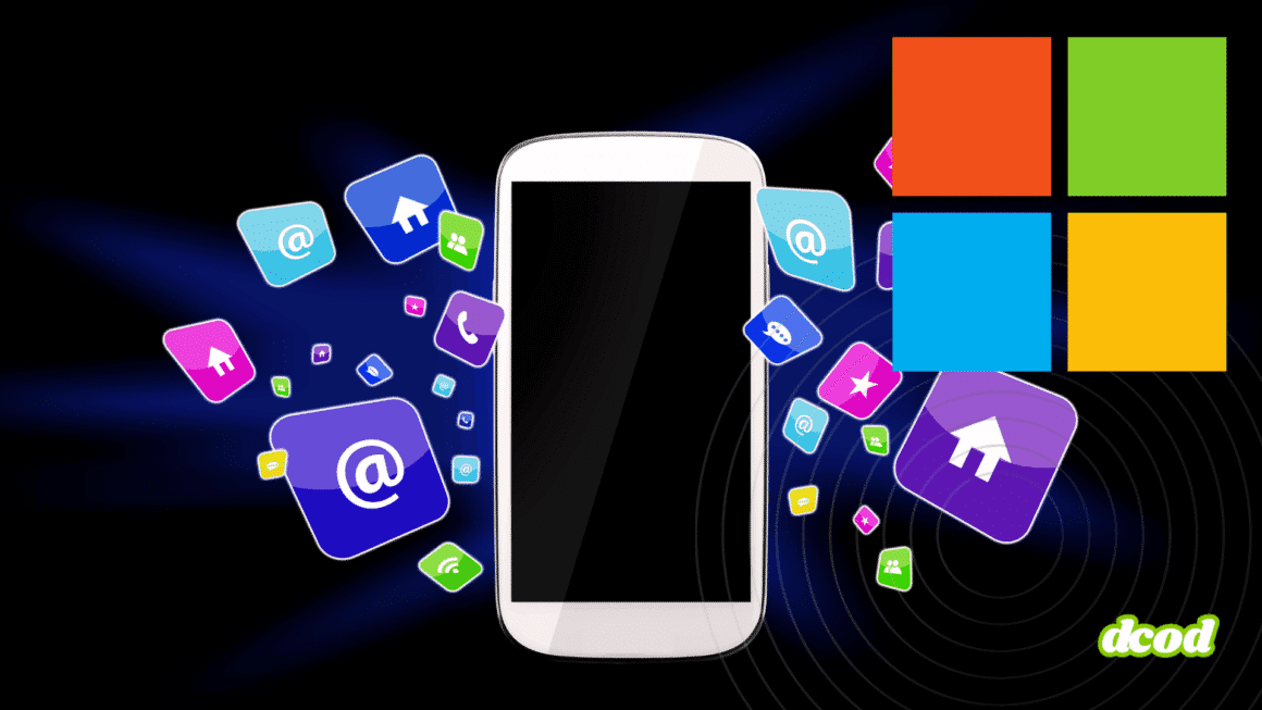 Smartphone entouré d’icônes d’applications colorées avec le logo de Microsoft, représentant les services mobiles et l’intégration de l’écosystème numérique de l’entreprise.