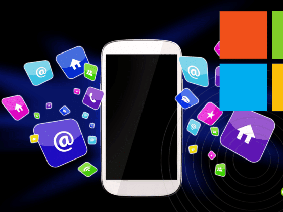 Smartphone entouré d’icônes d’applications colorées avec le logo de Microsoft, représentant les services mobiles et l’intégration de l’écosystème numérique de l’entreprise.