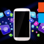 Smartphone entouré d’icônes d’applications colorées avec le logo de Microsoft, représentant les services mobiles et l’intégration de l’écosystème numérique de l’entreprise.