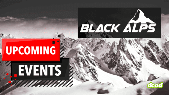 Bannière promotionnelle pour les prochains événements Black Alps, une conférence sur la cybersécurité, avec un arrière-plan de montagnes enneigées et les mots "Upcoming Events" en rouge et noir. Logo Black Alps en haut à droite et logo dcod en bas à droite.
