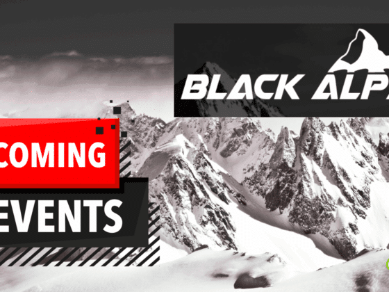Bannière promotionnelle pour les prochains événements Black Alps, une conférence sur la cybersécurité, avec un arrière-plan de montagnes enneigées et les mots "Upcoming Events" en rouge et noir. Logo Black Alps en haut à droite et logo dcod en bas à droite.