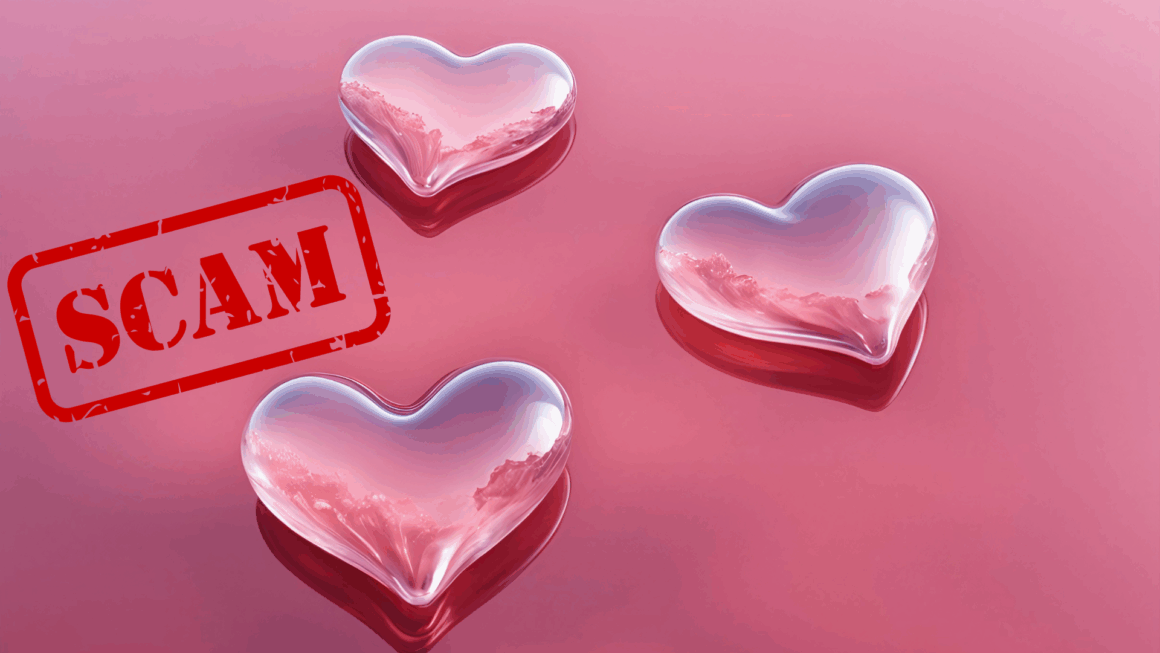 Image de trois cœurs roses en verre sur fond rose, avec le mot « SCAM » en rouge, illustrant les arnaques amoureuses sur Internet.