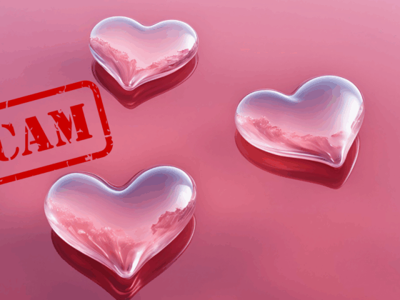 Image de trois cœurs roses en verre sur fond rose, avec le mot « SCAM » en rouge, illustrant les arnaques amoureuses sur Internet.