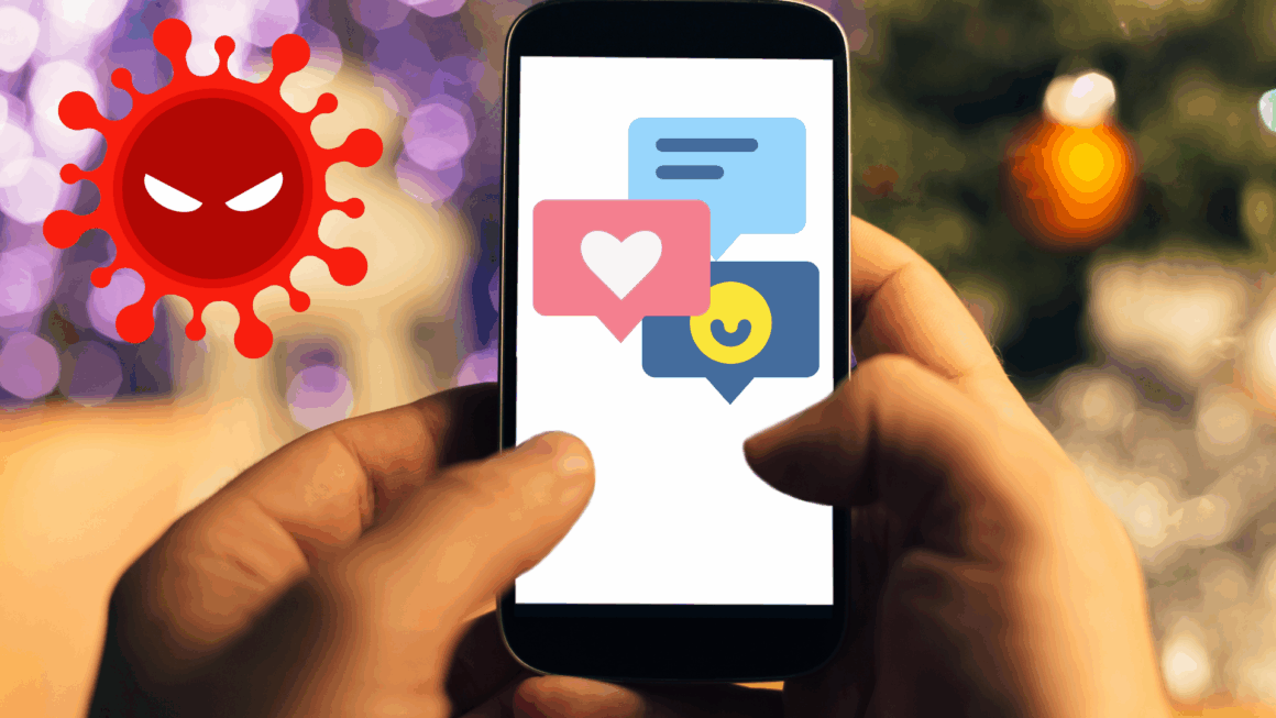 Illustration d’un smartphone tenu en main, affichant des icônes de messagerie et de réseaux sociaux, avec un pictogramme rouge de virus en arrière-plan, symbolisant une menace numérique.