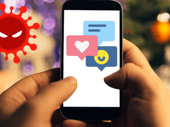 Illustration d’un smartphone tenu en main, affichant des icônes de messagerie et de réseaux sociaux, avec un pictogramme rouge de virus en arrière-plan, symbolisant une menace numérique.