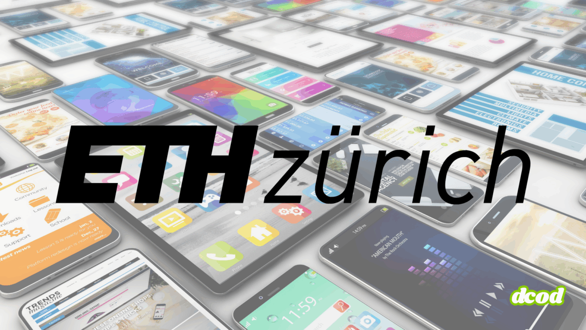 Logo de l’ETH Zurich superposé à une vue en perspective de nombreux écrans de smartphones affichant diverses interfaces d’applications mobiles, symbolisant la recherche et l’innovation technologique. Logo « dcod » visible en bas à droite.