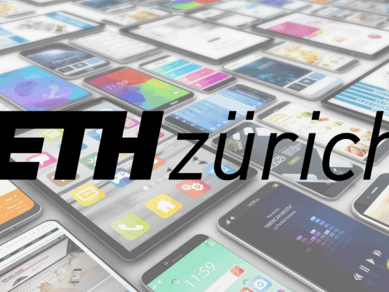 Logo de l’ETH Zurich superposé à une vue en perspective de nombreux écrans de smartphones affichant diverses interfaces d’applications mobiles, symbolisant la recherche et l’innovation technologique. Logo « dcod » visible en bas à droite.