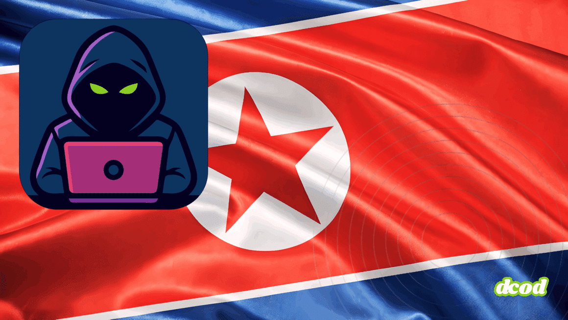 Drapeau de la Corée du Nord en arrière-plan avec une illustration vectorielle d’un hacker encapuchonné tapant sur un ordinateur portable, suggérant une activité de cybercriminalité ou de cyberespionnage associée à l’État nord-coréen. Logo « dcod » en bas à droite de l’image.