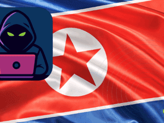 Drapeau de la Corée du Nord en arrière-plan avec une illustration vectorielle d’un hacker encapuchonné tapant sur un ordinateur portable, suggérant une activité de cybercriminalité ou de cyberespionnage associée à l’État nord-coréen. Logo « dcod » en bas à droite de l’image.