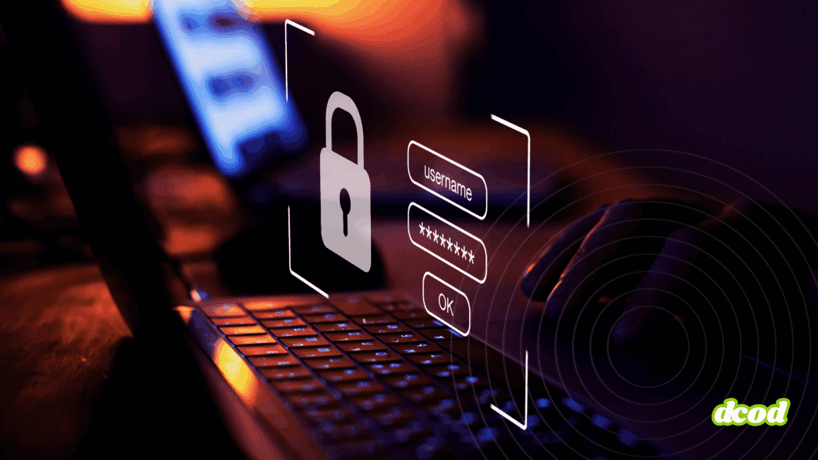 Main tapant sur un clavier d’ordinateur avec une interface virtuelle affichant un cadenas et des champs de connexion, symbolisant la sécurité des mots de passe et la protection des données personnelles.