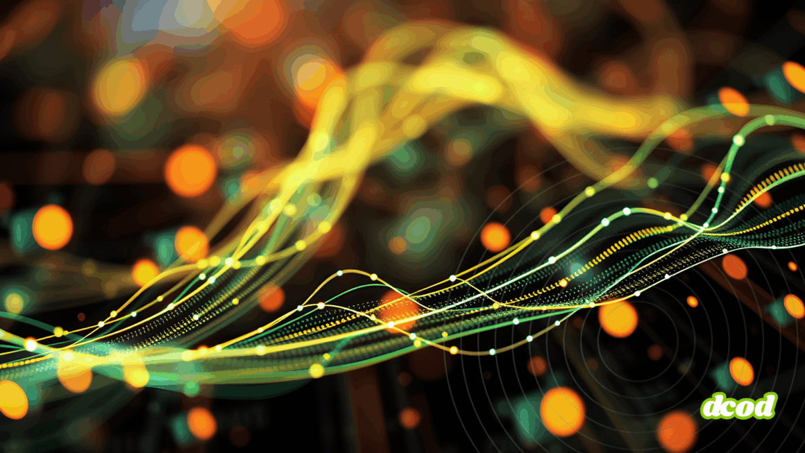 Représentation abstraite de flux de données sous forme de lignes lumineuses vertes et jaunes sur fond sombre, illustrant la circulation de l’information et les réseaux numériques.