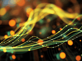Représentation abstraite de flux de données sous forme de lignes lumineuses vertes et jaunes sur fond sombre, illustrant la circulation de l’information et les réseaux numériques.