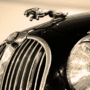 Vue rapprochée de la calandre chromée et de la mascotte féline emblématique d’une voiture de collection Jaguar, avec un effet sépia accentuant le style rétro. Logo « dcod » visible en bas à droite.