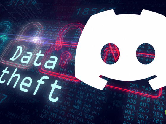 Illustration représentant le vol de données ("Data theft") avec des cadenas ouverts en fond, des chiffres binaires, et le logo de Discord en grand, soulignant les risques de sécurité liés à l’utilisation de la plateforme. Logo "dcod" en bas à droite.