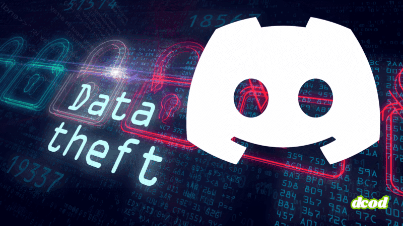 Illustration représentant le vol de données ("Data theft") avec des cadenas ouverts en fond, des chiffres binaires, et le logo de Discord en grand, soulignant les risques de sécurité liés à l’utilisation de la plateforme. Logo "dcod" en bas à droite.