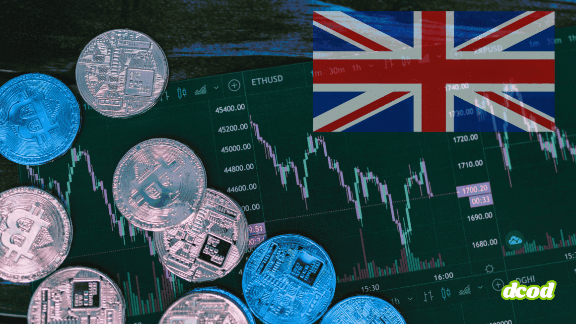 Pièces de crypto-monnaies, dont des Bitcoins, posées sur un graphique boursier en chute, avec la mention ETH/USD. En arrière-plan, le drapeau du Royaume-Uni symbolise le contexte économique britannique. Logo "dcod" en bas à droite.