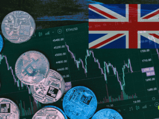 Pièces de crypto-monnaies, dont des Bitcoins, posées sur un graphique boursier en chute, avec la mention ETH/USD. En arrière-plan, le drapeau du Royaume-Uni symbolise le contexte économique britannique. Logo "dcod" en bas à droite.