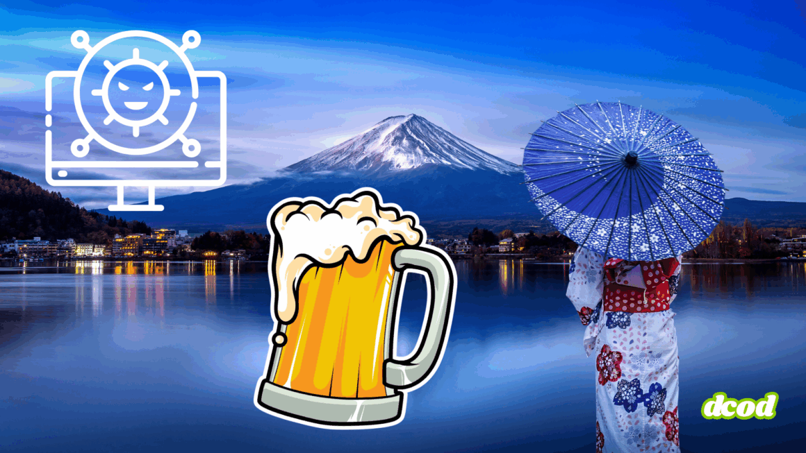 Femme en kimono traditionnel japonais tenant une ombrelle devant le mont Fuji au crépuscule, avec des illustrations superposées représentant un virus informatique sur écran et une chope de bière, ajoutant une touche moderne et décalée à la scène paisible.