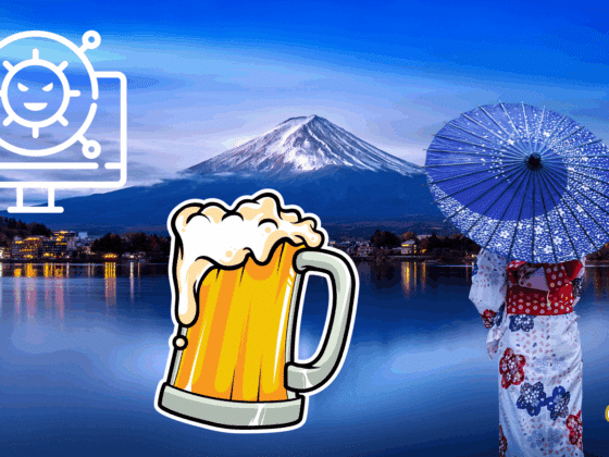 Femme en kimono traditionnel japonais tenant une ombrelle devant le mont Fuji au crépuscule, avec des illustrations superposées représentant un virus informatique sur écran et une chope de bière, ajoutant une touche moderne et décalée à la scène paisible.