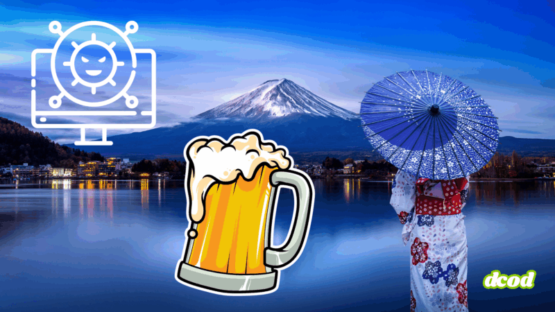 Femme en kimono traditionnel japonais tenant une ombrelle devant le mont Fuji au crépuscule, avec des illustrations superposées représentant un virus informatique sur écran et une chope de bière, ajoutant une touche moderne et décalée à la scène paisible.