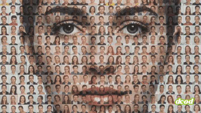 Mosaïque composée de nombreuses photos de visages formant le portrait d’un visage unique, illustrant la génération d’images par intelligence artificielle et la question de l’identité numérique.
