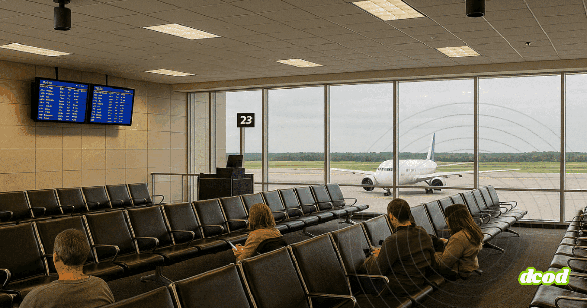 Voyageurs assis dans un hall d’aéroport face à un avion sur le tarmac