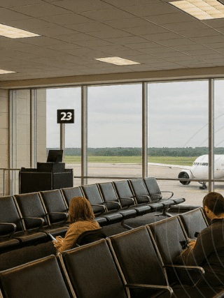 Des hackers piratent les systèmes audio de quatre aéroports en Amérique du Nord 20 Voyageurs assis dans un hall d’aéroport face à un avion sur le tarmac