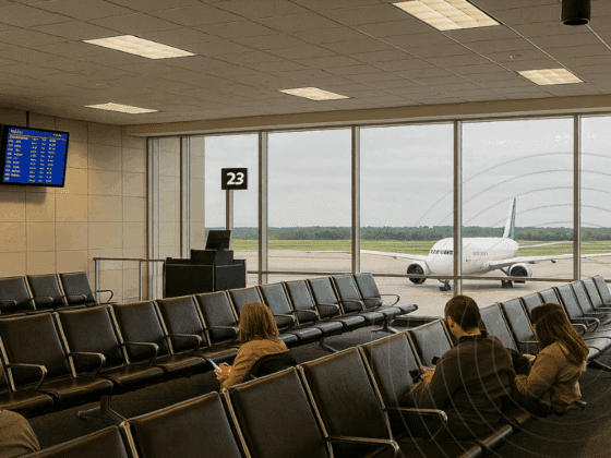 Des hackers piratent les systèmes audio de quatre aéroports en Amérique du Nord 6 Voyageurs assis dans un hall d’aéroport face à un avion sur le tarmac