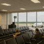 Des hackers piratent les systèmes audio de quatre aéroports en Amérique du Nord 2 Voyageurs assis dans un hall d’aéroport face à un avion sur le tarmac