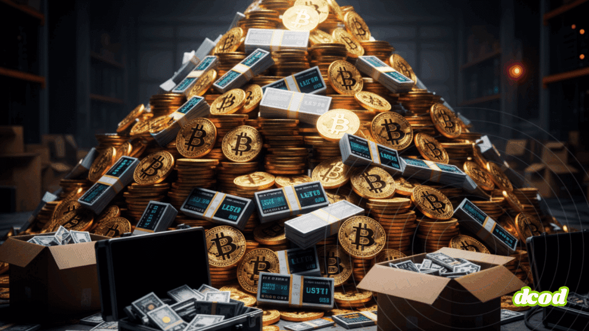 Une grande pile de pièces de Bitcoin physiques dans une pièce sombre, éclairée uniquement par un écran d'ordinateur portable, symbolisant la richesse issue d'activités illicites.
