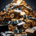 Une grande pile de pièces de Bitcoin physiques dans une pièce sombre, éclairée uniquement par un écran d'ordinateur portable, symbolisant la richesse issue d'activités illicites.