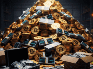 Crypto Crime 2025 : 75 milliards $ d’actifs illicites identifiés sur la blockchain 21 Une grande pile de pièces de Bitcoin physiques dans une pièce sombre, éclairée uniquement par un écran d'ordinateur portable, symbolisant la richesse issue d'activités illicites.