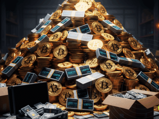 Une grande pile de pièces de Bitcoin physiques dans une pièce sombre, éclairée uniquement par un écran d'ordinateur portable, symbolisant la richesse issue d'activités illicites.