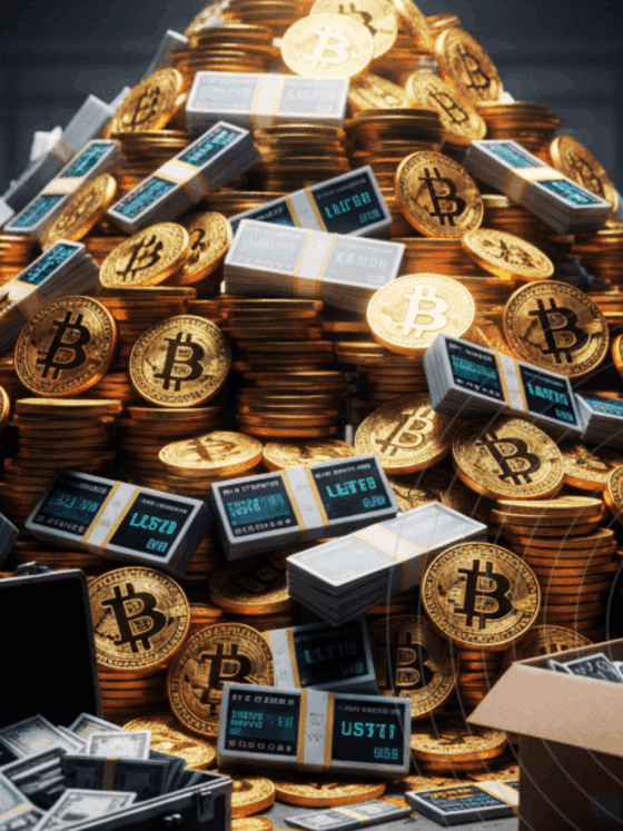 Une grande pile de pièces de Bitcoin physiques dans une pièce sombre, éclairée uniquement par un écran d'ordinateur portable, symbolisant la richesse issue d'activités illicites.