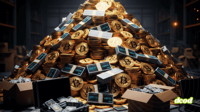 Une grande pile de pièces de Bitcoin physiques dans une pièce sombre, éclairée uniquement par un écran d'ordinateur portable, symbolisant la richesse issue d'activités illicites.
