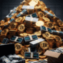 Une grande pile de pièces de Bitcoin physiques dans une pièce sombre, éclairée uniquement par un écran d'ordinateur portable, symbolisant la richesse issue d'activités illicites.