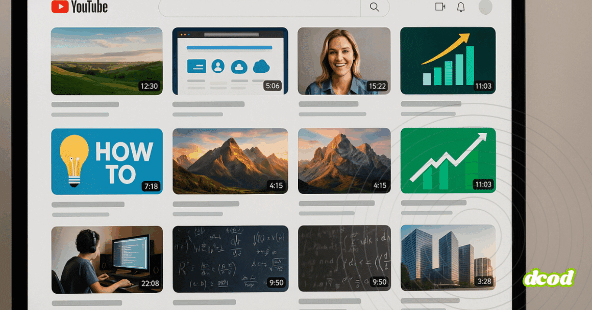 Capture d’écran de la page d’accueil de YouTube affichant une sélection de miniatures de vidéos, incluant des tutoriels, des paysages, des graphiques de croissance, des cours de mathématiques, du code informatique et des présentations professionnelles.