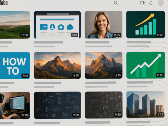 Capture d’écran de la page d’accueil de YouTube affichant une sélection de miniatures de vidéos, incluant des tutoriels, des paysages, des graphiques de croissance, des cours de mathématiques, du code informatique et des présentations professionnelles.