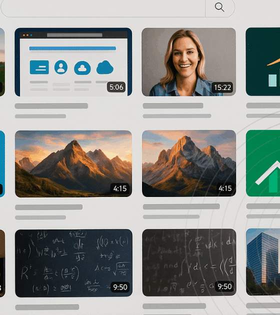 Capture d’écran de la page d’accueil de YouTube affichant une sélection de miniatures de vidéos, incluant des tutoriels, des paysages, des graphiques de croissance, des cours de mathématiques, du code informatique et des présentations professionnelles.