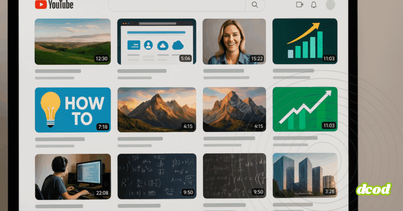 Capture d’écran de la page d’accueil de YouTube affichant une sélection de miniatures de vidéos, incluant des tutoriels, des paysages, des graphiques de croissance, des cours de mathématiques, du code informatique et des présentations professionnelles.