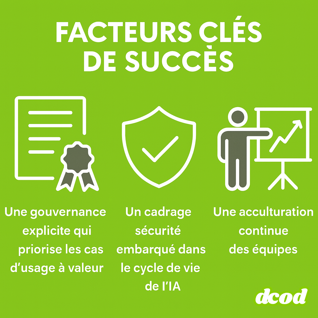 Infographie illustrant trois piliers essentiels pour réussir l’adoption de l’intelligence artificielle en entreprise : une gouvernance explicite orientée valeur, un cadrage sécurité intégré dans le cycle de vie de l’IA et une acculturation continue des équipes.