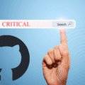 Main pointant vers une barre de recherche affichant le mot « CRITICAL » en rouge, à côté du logo de GitHub sur fond bleu. L’image symbolise la détection d’une vulnérabilité critique dans la plateforme de développement collaboratif. Logo « dcod » en bas à droite.