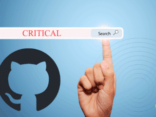 Main pointant vers une barre de recherche affichant le mot « CRITICAL » en rouge, à côté du logo de GitHub sur fond bleu. L’image symbolise la détection d’une vulnérabilité critique dans la plateforme de développement collaboratif. Logo « dcod » en bas à droite.