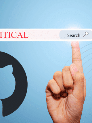 Main pointant vers une barre de recherche affichant le mot « CRITICAL » en rouge, à côté du logo de GitHub sur fond bleu. L’image symbolise la détection d’une vulnérabilité critique dans la plateforme de développement collaboratif. Logo « dcod » en bas à droite.