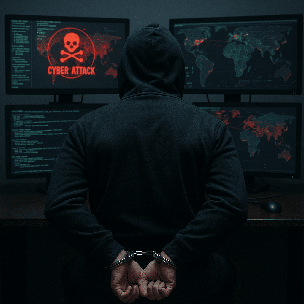 Illustration d’un cybercriminel menotté de dos face à plusieurs écrans affichant des cyberattaques.