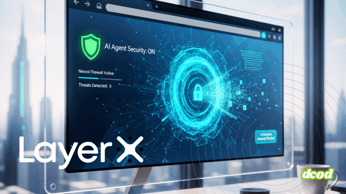 Capture d’écran d’un écran d’ordinateur affichant l’interface de sécurité LayerX avec un pare-feu neuronal actif et une IA en fonctionnement. Un visuel numérique de cadenas symbolise la protection des données, avec une mention « AI Agent Security: ON ». En arrière-plan, une ville moderne et le logo « dcod » en bas à droite.