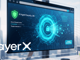 Capture d’écran d’un écran d’ordinateur affichant l’interface de sécurité LayerX avec un pare-feu neuronal actif et une IA en fonctionnement. Un visuel numérique de cadenas symbolise la protection des données, avec une mention « AI Agent Security: ON ». En arrière-plan, une ville moderne et le logo « dcod » en bas à droite.