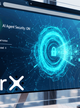 Capture d’écran d’un écran d’ordinateur affichant l’interface de sécurité LayerX avec un pare-feu neuronal actif et une IA en fonctionnement. Un visuel numérique de cadenas symbolise la protection des données, avec une mention « AI Agent Security: ON ». En arrière-plan, une ville moderne et le logo « dcod » en bas à droite.