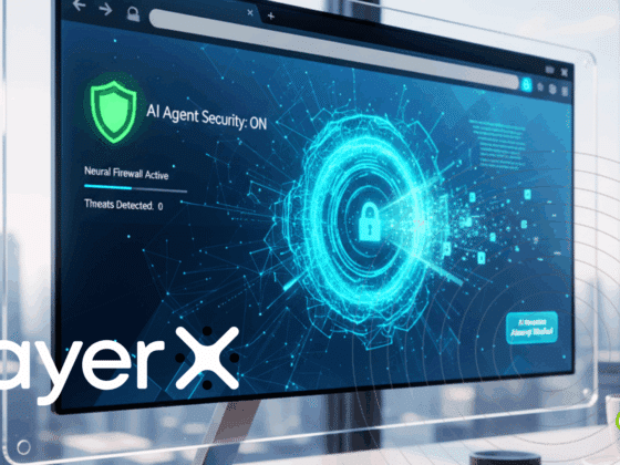 Capture d’écran d’un écran d’ordinateur affichant l’interface de sécurité LayerX avec un pare-feu neuronal actif et une IA en fonctionnement. Un visuel numérique de cadenas symbolise la protection des données, avec une mention « AI Agent Security: ON ». En arrière-plan, une ville moderne et le logo « dcod » en bas à droite.