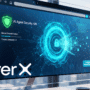 Capture d’écran d’un écran d’ordinateur affichant l’interface de sécurité LayerX avec un pare-feu neuronal actif et une IA en fonctionnement. Un visuel numérique de cadenas symbolise la protection des données, avec une mention « AI Agent Security: ON ». En arrière-plan, une ville moderne et le logo « dcod » en bas à droite.